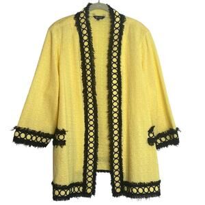 Misook Womens Career Jacket 2X Yellow Black Open Front 3/4 Sleeve Fringe Trim